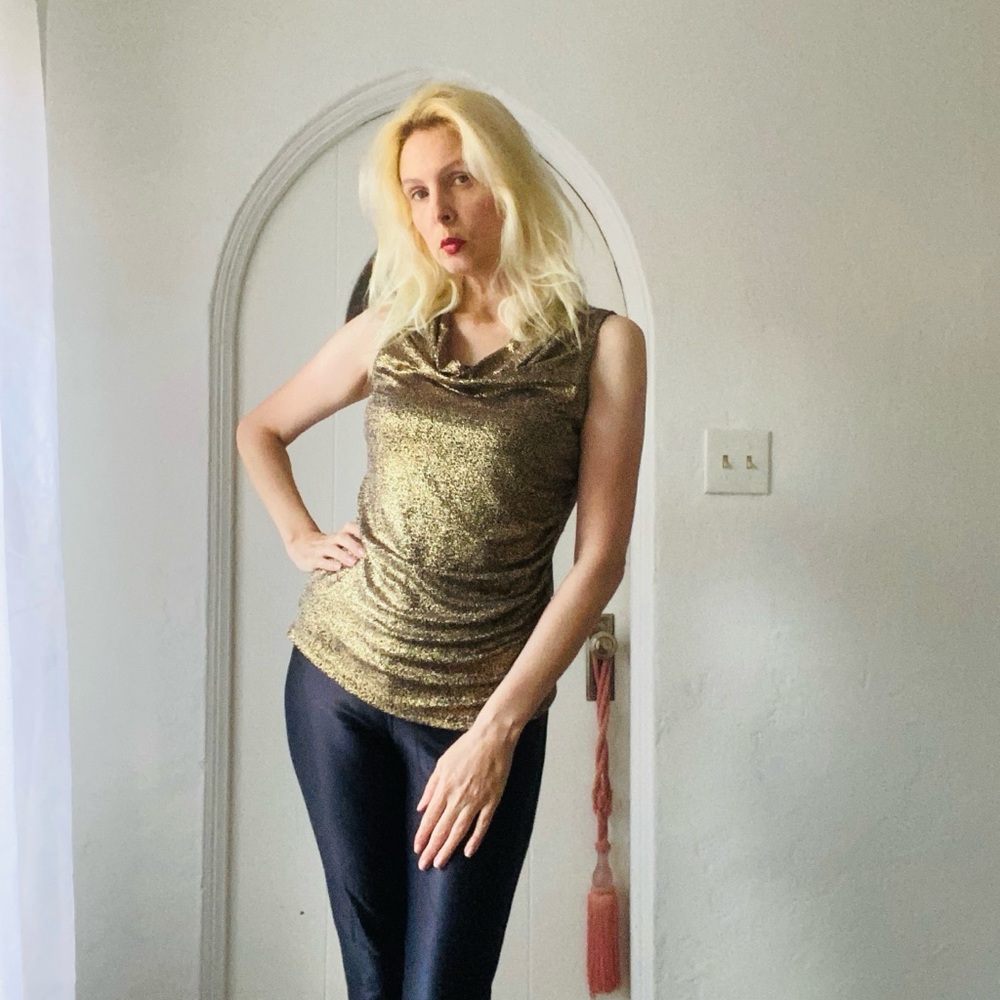 Donna Karan Metallic Gold Draped Cowl Bodycon Lined Sleeveless Slinky Top M